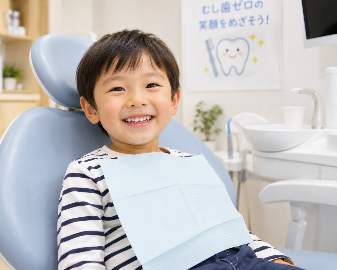 笑顔で診察台に座るお子様