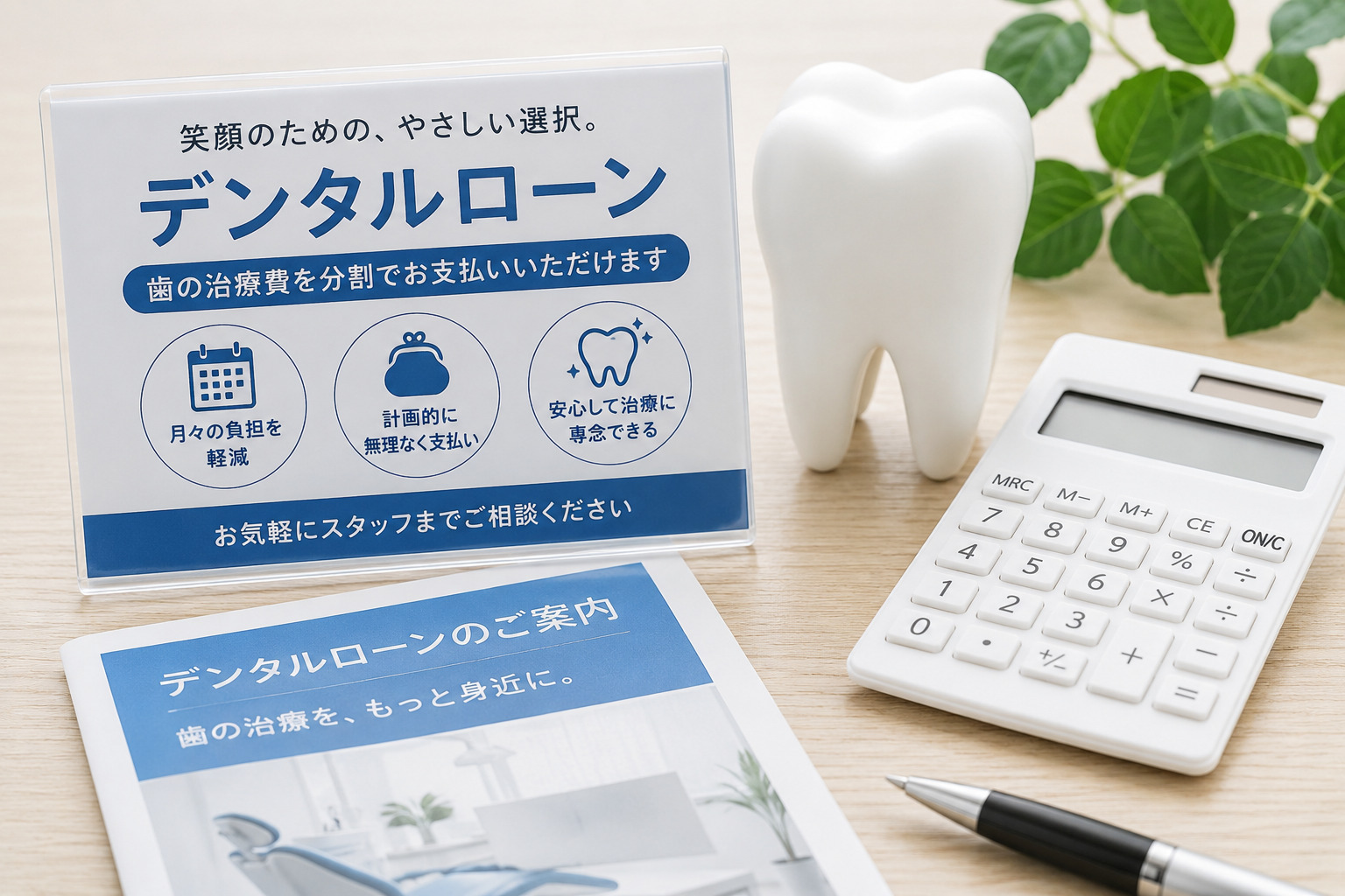 「デンタルローン」の案内POPとパンフレット、歯の模型・電卓を配置した歯科治療費の分割払い案内のイメージ