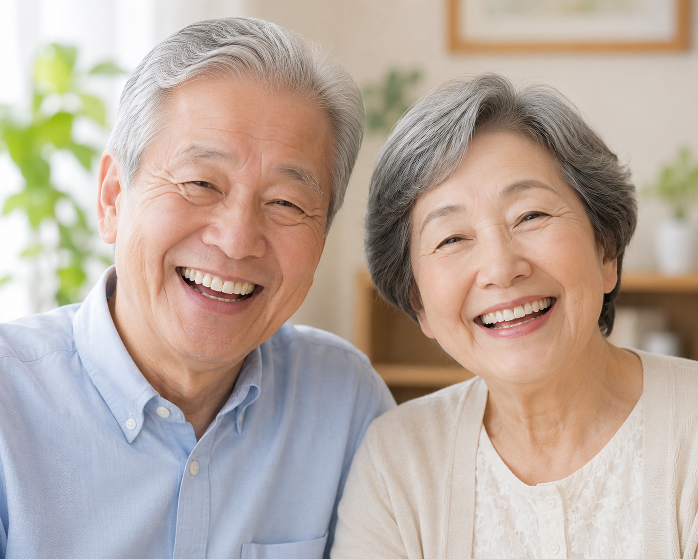 白く健康的な歯で笑顔を見せるシニアの日本人夫婦