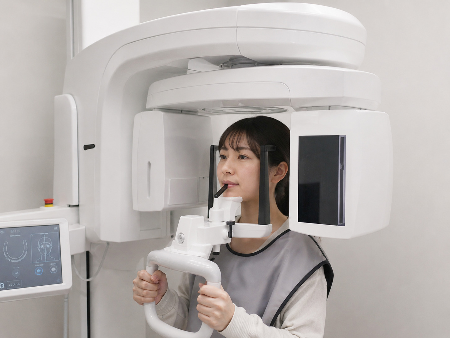 防護エプロンを着用し歯科用CT(パノラマレントゲン)で撮影を受ける女性患者