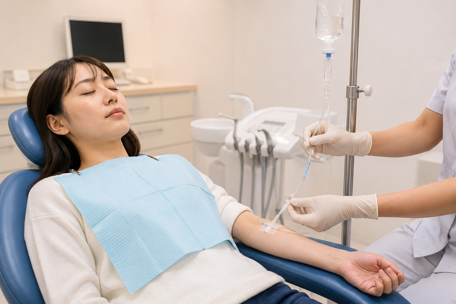 診療チェアで目を閉じ、静脈内鎮静法(点滴麻酔)を受けながらリラックスして治療を受ける女性患者